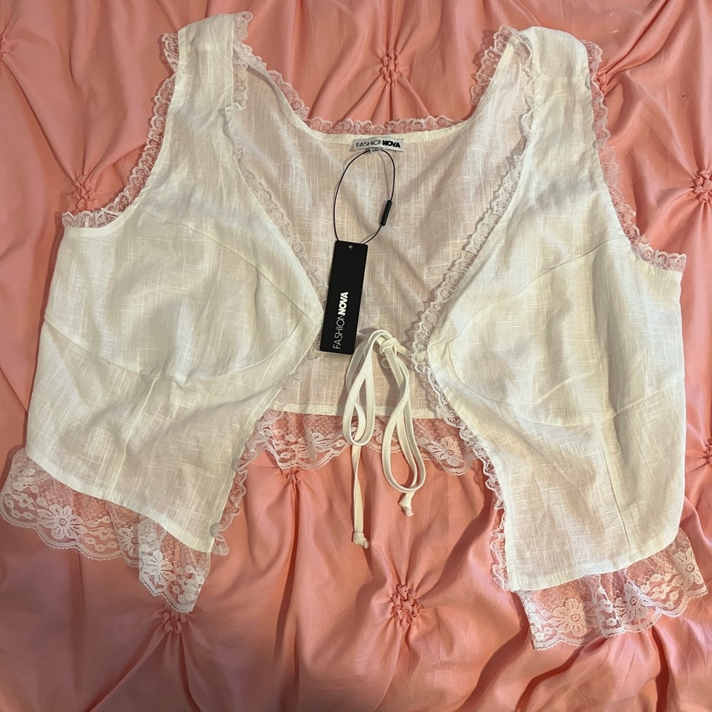 Tie Front Lace Trim Blouse NWT